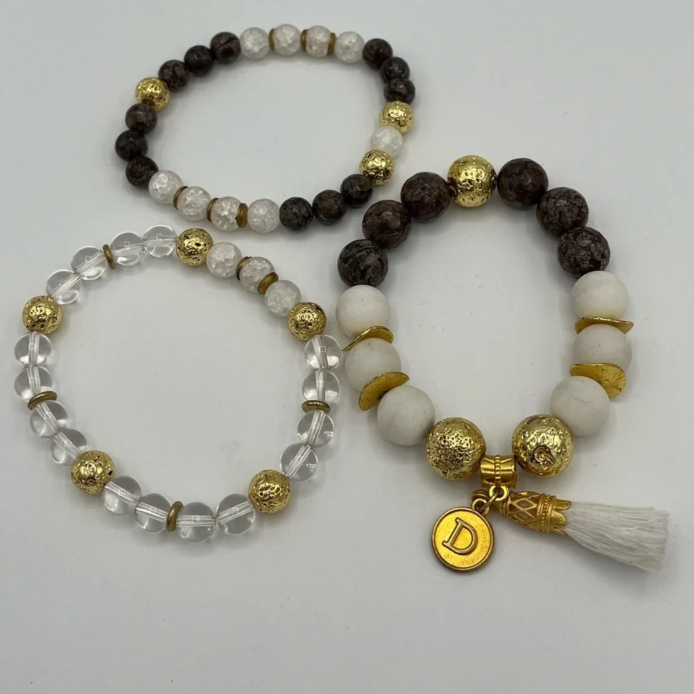 Stackable Acrylic Bead Bracelets Set of 3 Gold Tone Initial D Charm Tassel